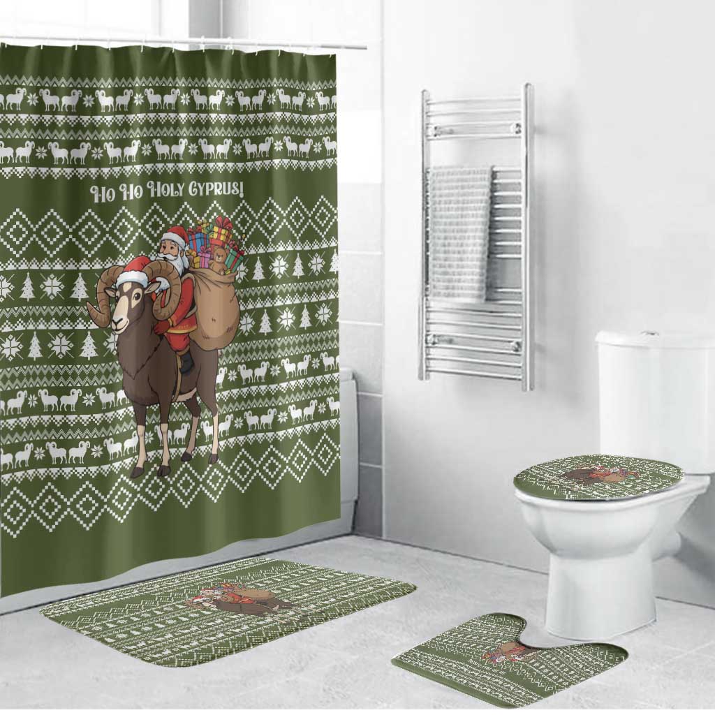 Cyprus Christmas Bathroom Set with Santa Riding Ram Ho Ho Holy Cyprus Text and Green Holiday - Wonder Print Shop