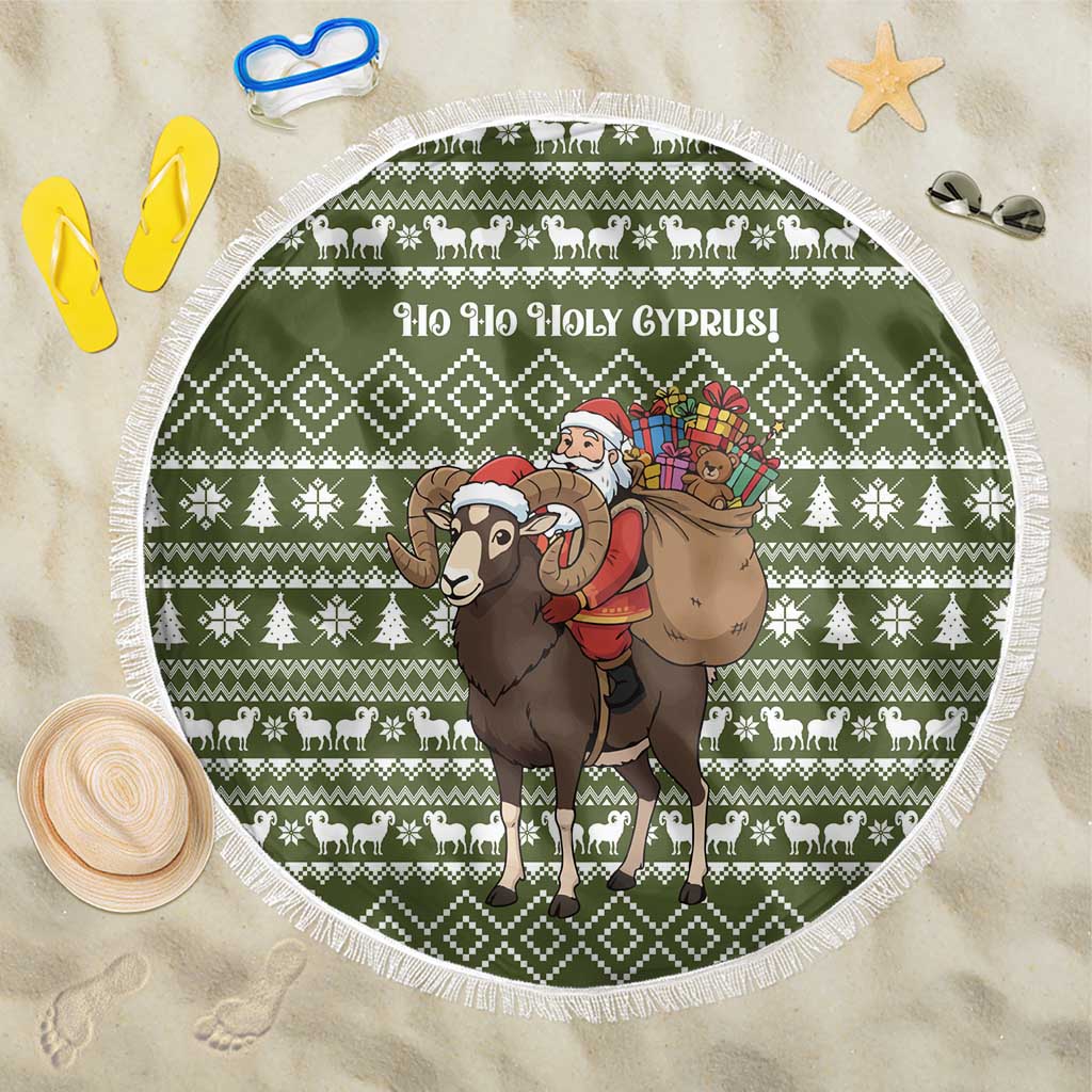 Cyprus Christmas Beach Blanket with Santa Riding Ram Ho Ho Holy Cyprus Text and Green Holiday - Wonder Print Shop