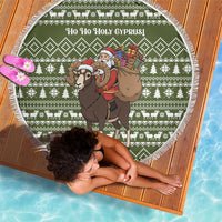 Cyprus Christmas Beach Blanket with Santa Riding Ram Ho Ho Holy Cyprus Text and Green Holiday - Wonder Print Shop