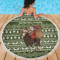 Cyprus Christmas Beach Blanket with Santa Riding Ram Ho Ho Holy Cyprus Text and Green Holiday - Wonder Print Shop