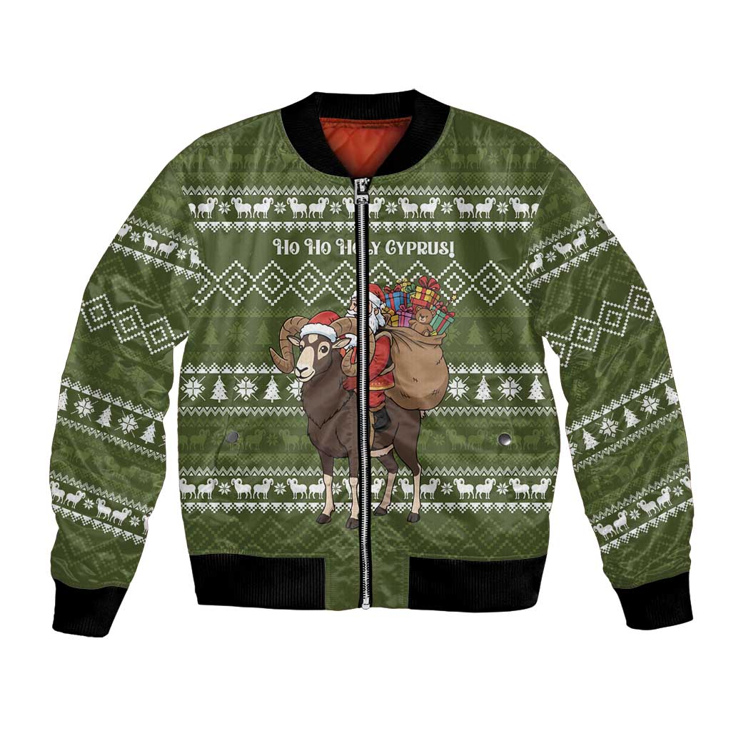 Cyprus Christmas Bomber Jacket with Santa Riding Ram Ho Ho Holy Cyprus Text and Green Holiday - Wonder Print Shop