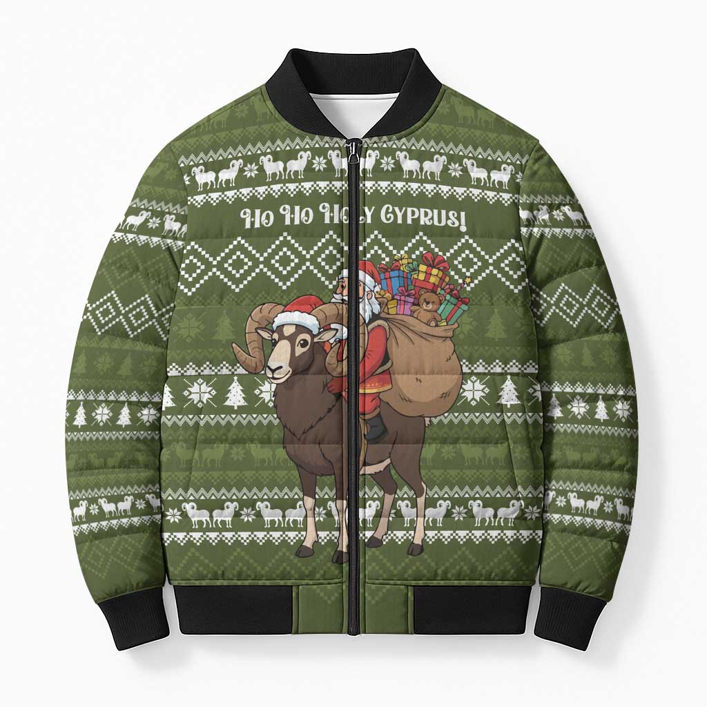 Cyprus Christmas Bomber Puffer Jacket with Santa Riding Ram Ho Ho Holy Cyprus Text and Green Holiday - Wonder Print Shop