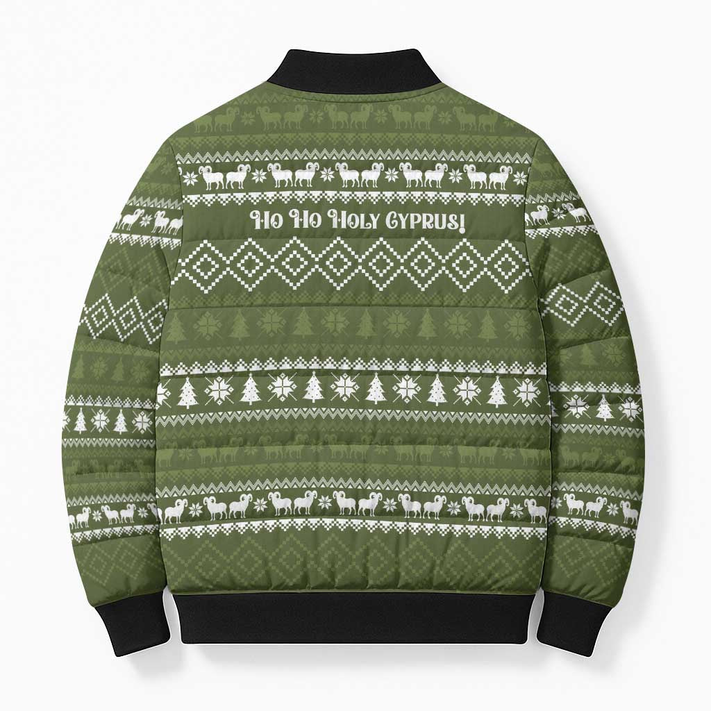 Cyprus Christmas Bomber Puffer Jacket with Santa Riding Ram Ho Ho Holy Cyprus Text and Green Holiday - Wonder Print Shop