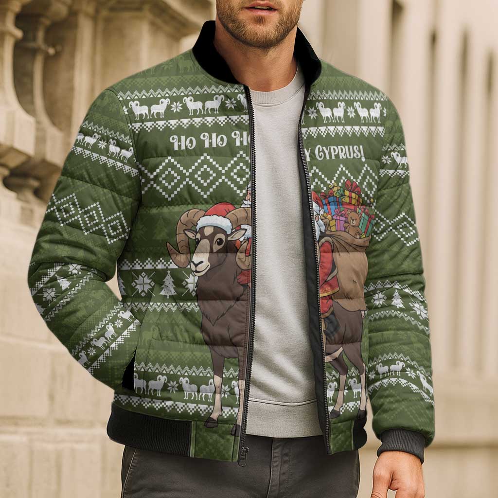 Cyprus Christmas Bomber Puffer Jacket with Santa Riding Ram Ho Ho Holy Cyprus Text and Green Holiday - Wonder Print Shop