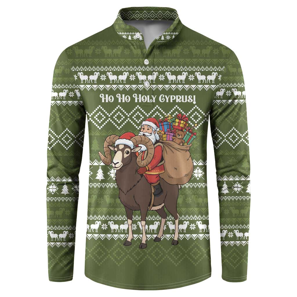 Cyprus Christmas Button Sweatshirt with Santa Riding Ram Ho Ho Holy Cyprus Text and Green Holiday - Wonder Print Shop