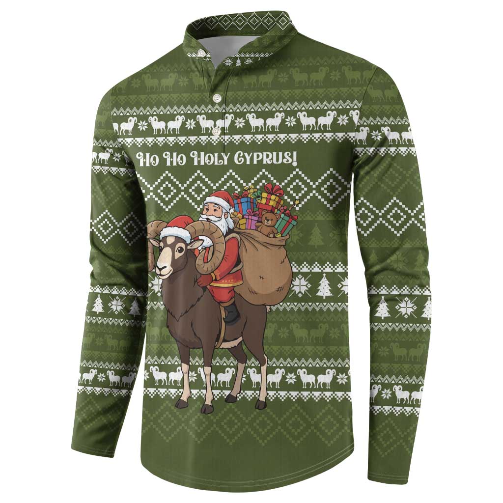 Cyprus Christmas Button Sweatshirt with Santa Riding Ram Ho Ho Holy Cyprus Text and Green Holiday - Wonder Print Shop