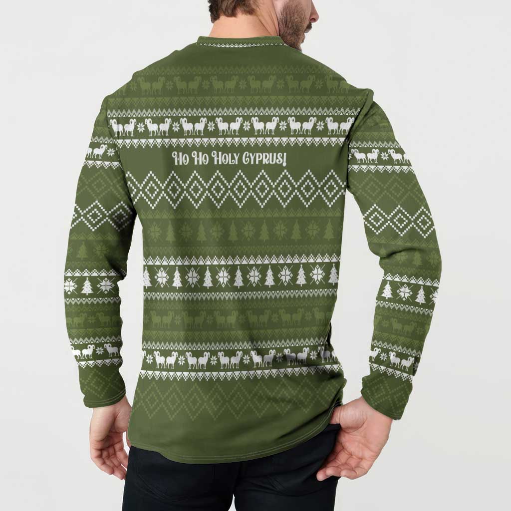 Cyprus Christmas Button Sweatshirt with Santa Riding Ram Ho Ho Holy Cyprus Text and Green Holiday - Wonder Print Shop