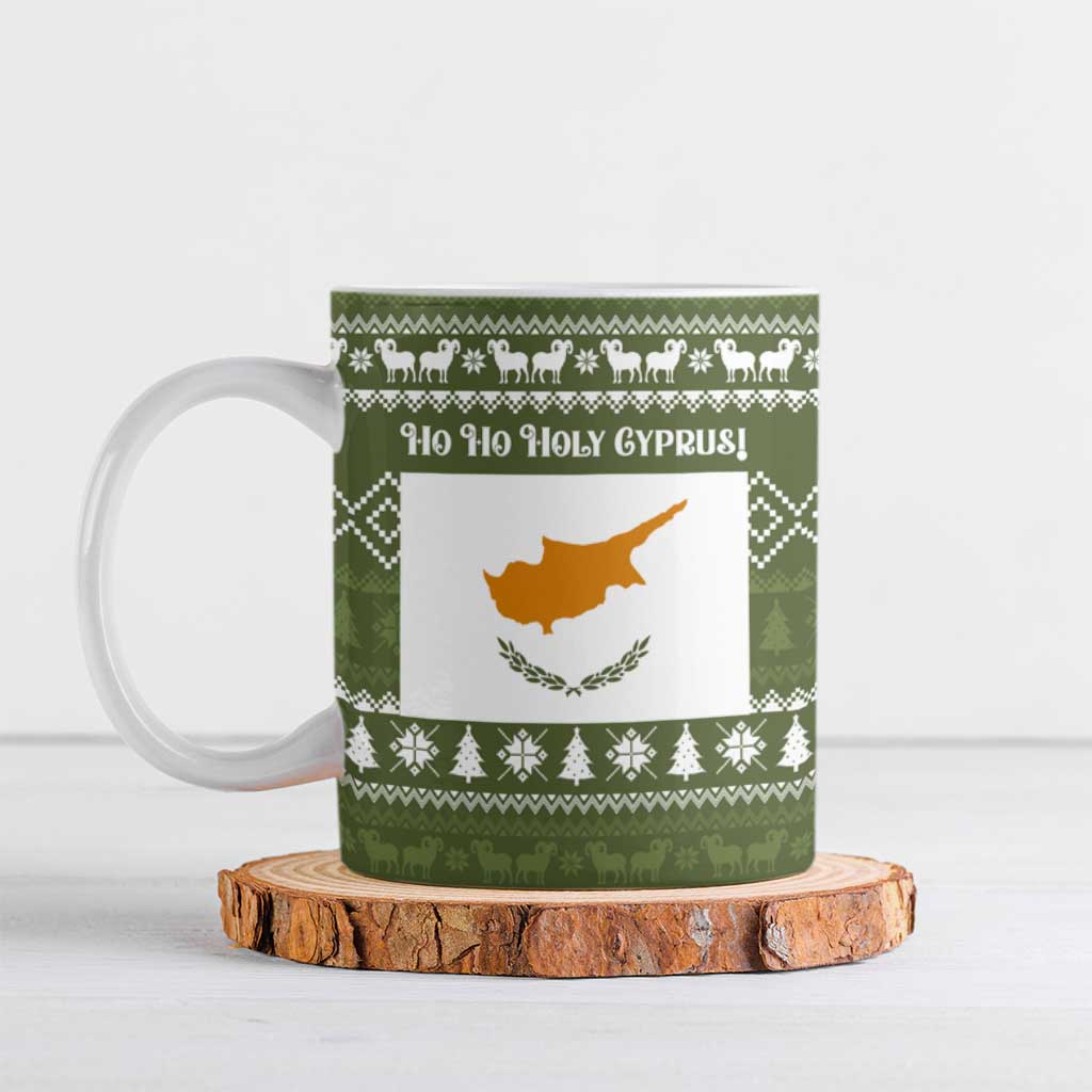 Cyprus Christmas Ceramic Mug with Santa Riding Ram Ho Ho Holy Cyprus Text and Green Holiday - Wonder Print Shop