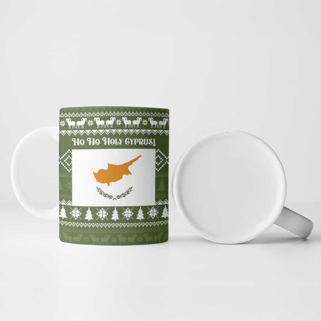 Cyprus Christmas Ceramic Mug with Santa Riding Ram Ho Ho Holy Cyprus Text and Green Holiday - Wonder Print Shop