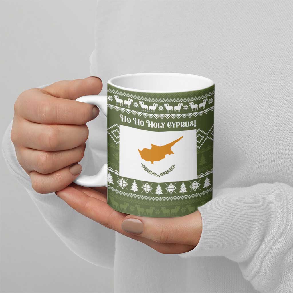 Cyprus Christmas Ceramic Mug with Santa Riding Ram Ho Ho Holy Cyprus Text and Green Holiday - Wonder Print Shop