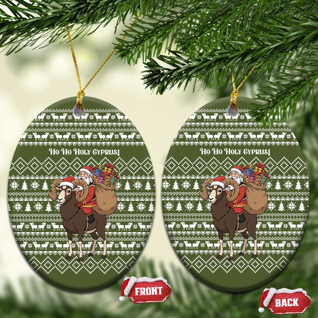 Cyprus Christmas Ceramic Ornament with Santa Riding Ram Ho Ho Holy Cyprus Text and Green Holiday - Wonder Print Shop