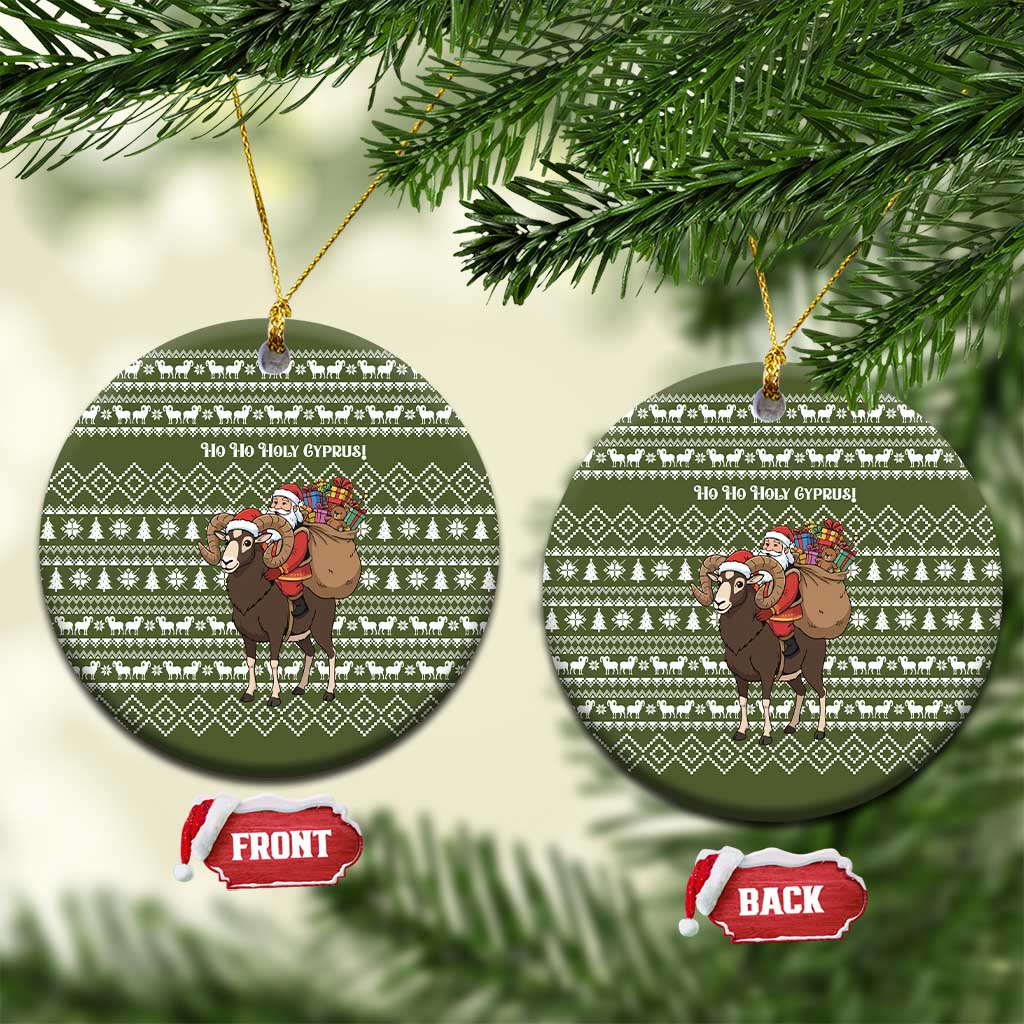 Cyprus Christmas Ceramic Ornament with Santa Riding Ram Ho Ho Holy Cyprus Text and Green Holiday - Wonder Print Shop