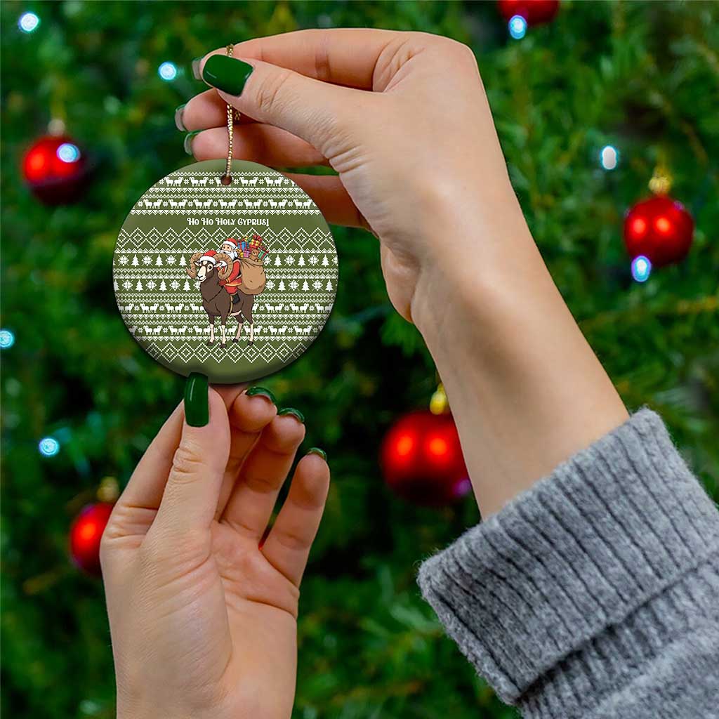 Cyprus Christmas Ceramic Ornament with Santa Riding Ram Ho Ho Holy Cyprus Text and Green Holiday - Wonder Print Shop
