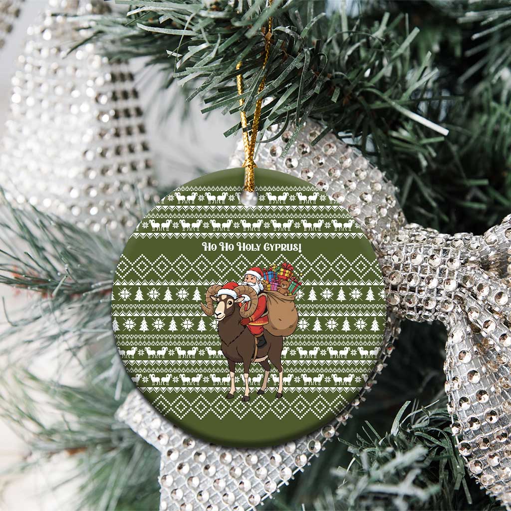 Cyprus Christmas Ceramic Ornament with Santa Riding Ram Ho Ho Holy Cyprus Text and Green Holiday - Wonder Print Shop