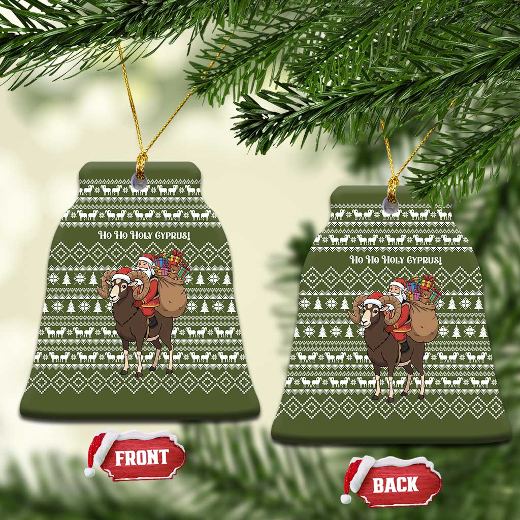 Cyprus Christmas Ceramic Ornament with Santa Riding Ram Ho Ho Holy Cyprus Text and Green Holiday - Wonder Print Shop