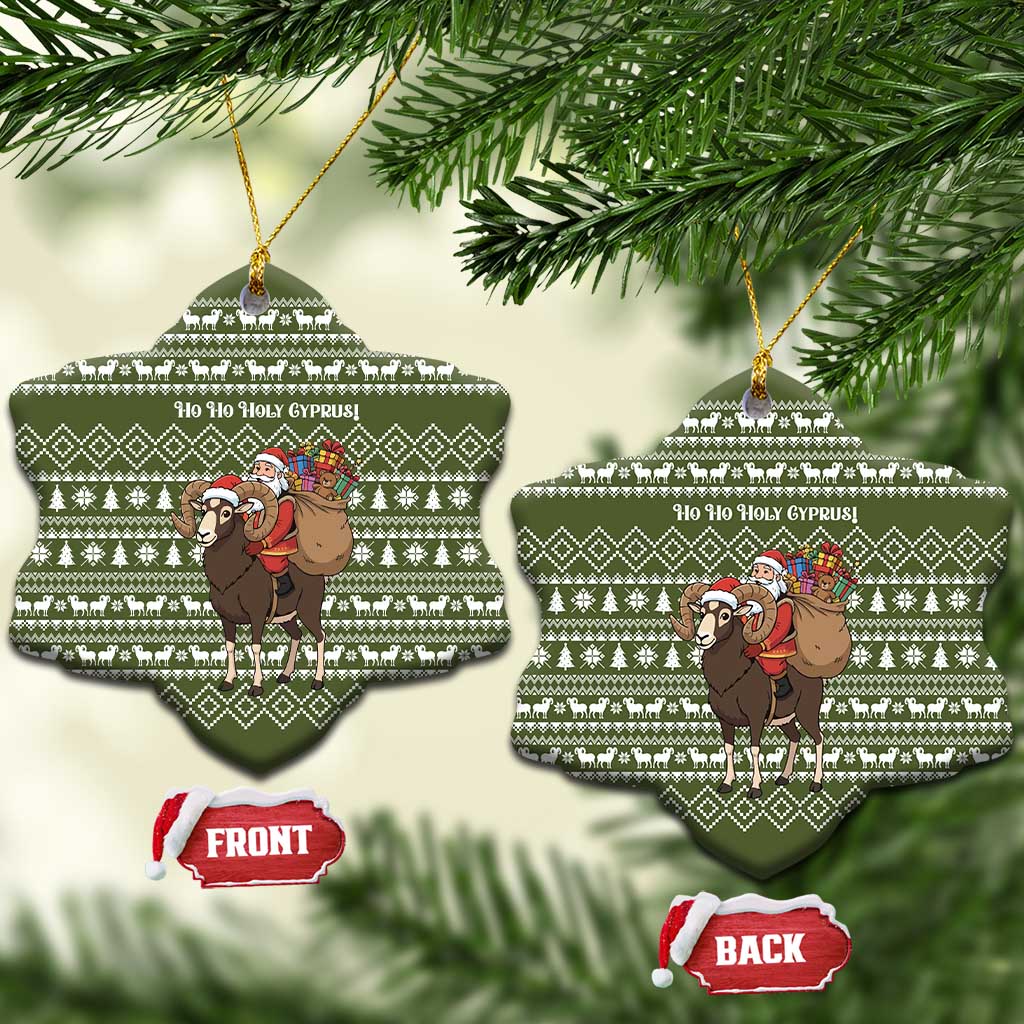 Cyprus Christmas Ceramic Ornament with Santa Riding Ram Ho Ho Holy Cyprus Text and Green Holiday - Wonder Print Shop
