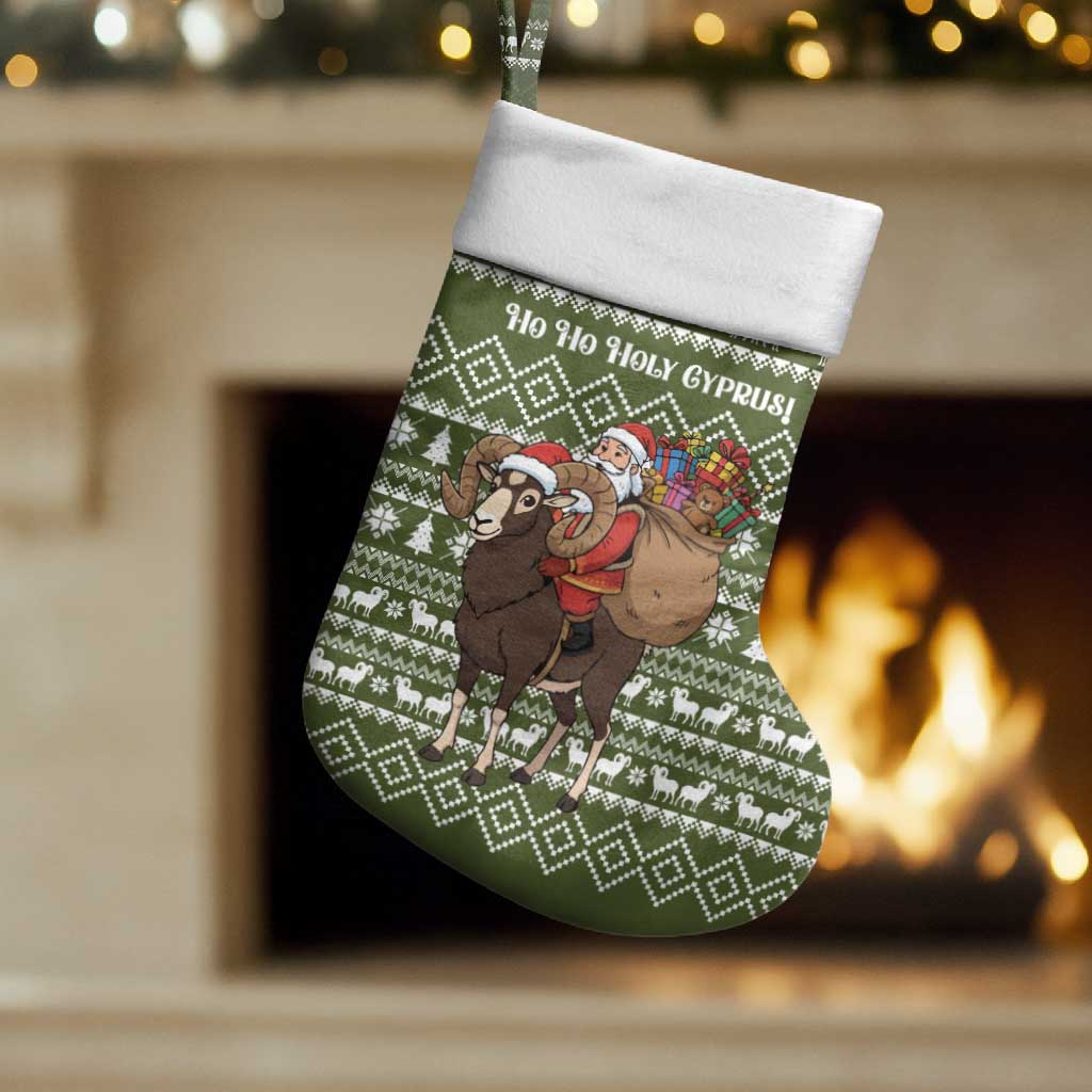 Cyprus Christmas Stocking with Santa Riding Ram Ho Ho Holy Cyprus Text and Green Holiday - Wonder Print Shop