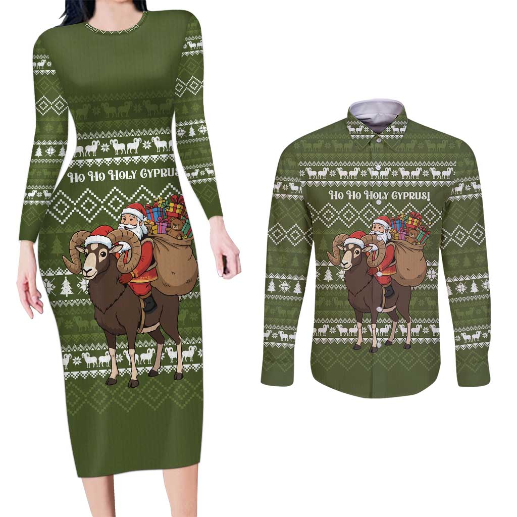 Cyprus Christmas Couples Matching Long Sleeve Bodycon Dress and Long Sleeve Button Shirt with Santa Riding Ram Ho Ho Holy Cyprus Text and Green Holiday - Wonder Print Shop