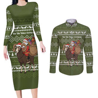 Cyprus Christmas Couples Matching Long Sleeve Bodycon Dress and Long Sleeve Button Shirt with Santa Riding Ram Ho Ho Holy Cyprus Text and Green Holiday - Wonder Print Shop
