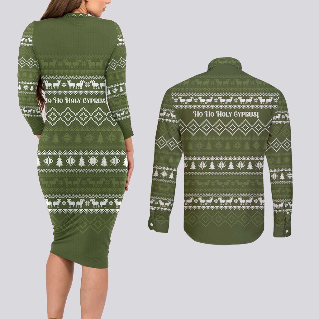 Cyprus Christmas Couples Matching Long Sleeve Bodycon Dress and Long Sleeve Button Shirt with Santa Riding Ram Ho Ho Holy Cyprus Text and Green Holiday - Wonder Print Shop