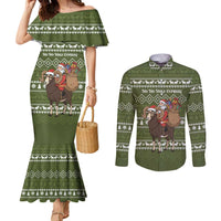 Cyprus Christmas Couples Matching Mermaid Dress and Long Sleeve Button Shirt with Santa Riding Ram Ho Ho Holy Cyprus Text and Green Holiday - Wonder Print Shop
