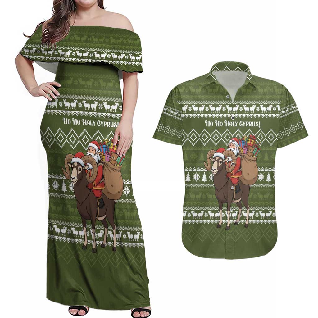 Cyprus Christmas Couples Matching Off Shoulder Maxi Dress and Hawaiian Shirt with Santa Riding Ram Ho Ho Holy Cyprus Text and Green Holiday - Wonder Print Shop