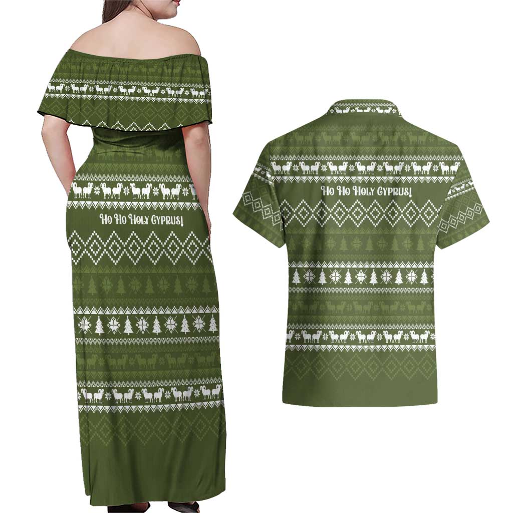 Cyprus Christmas Couples Matching Off Shoulder Maxi Dress and Hawaiian Shirt with Santa Riding Ram Ho Ho Holy Cyprus Text and Green Holiday - Wonder Print Shop