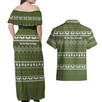 Cyprus Christmas Couples Matching Off Shoulder Maxi Dress and Hawaiian Shirt with Santa Riding Ram Ho Ho Holy Cyprus Text and Green Holiday - Wonder Print Shop