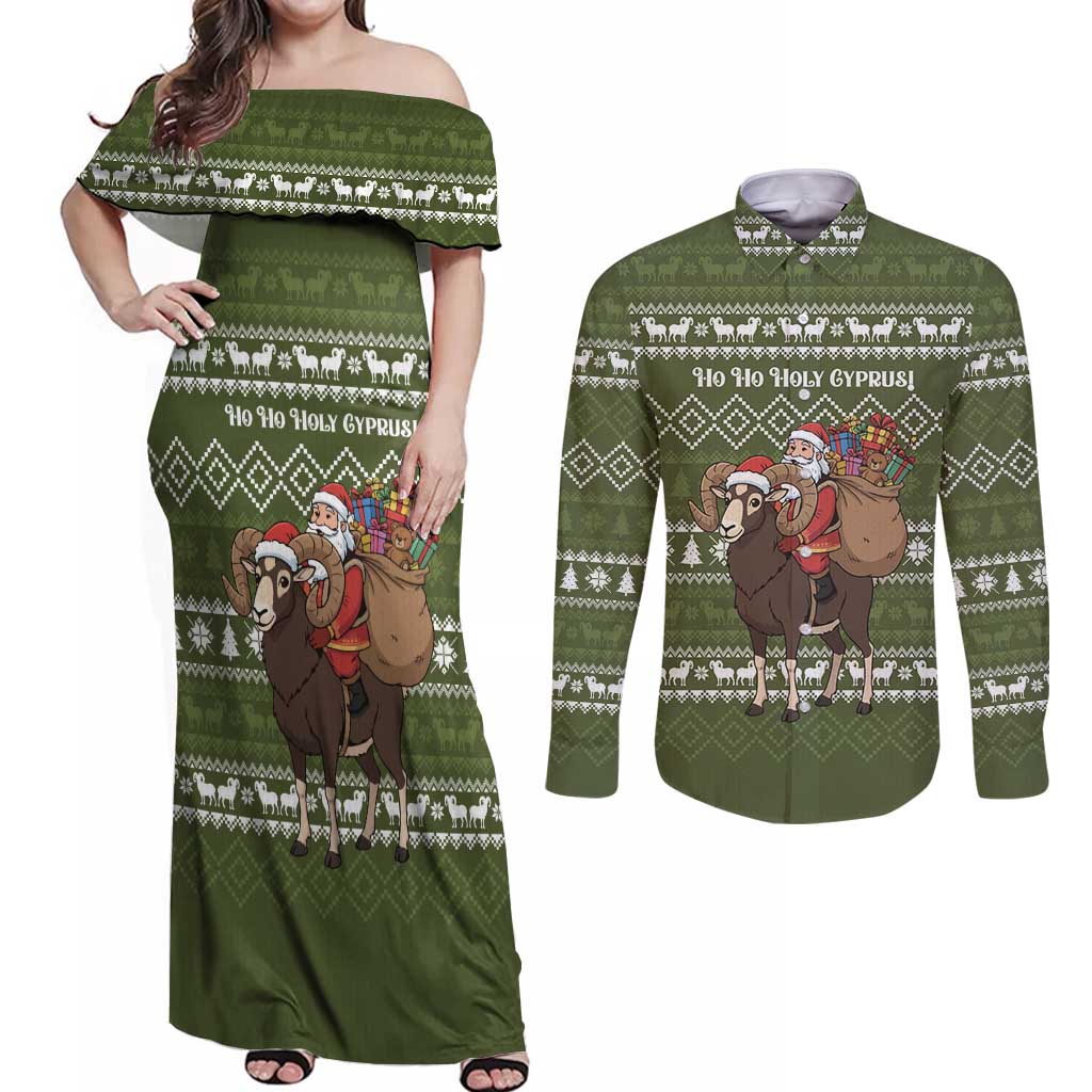 Cyprus Christmas Couples Matching Off Shoulder Maxi Dress and Long Sleeve Button Shirt with Santa Riding Ram Ho Ho Holy Cyprus Text and Green Holiday - Wonder Print Shop