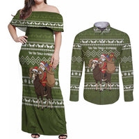 Cyprus Christmas Couples Matching Off Shoulder Maxi Dress and Long Sleeve Button Shirt with Santa Riding Ram Ho Ho Holy Cyprus Text and Green Holiday - Wonder Print Shop