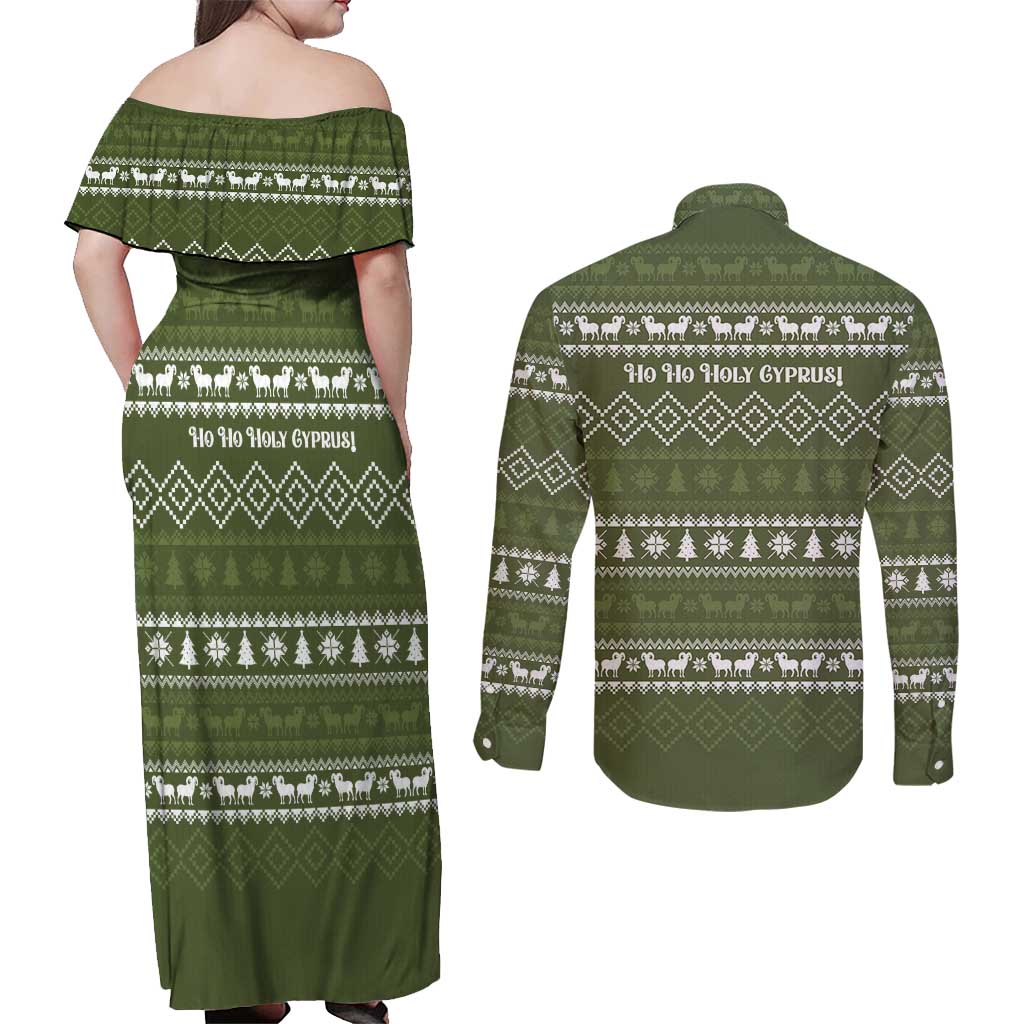 Cyprus Christmas Couples Matching Off Shoulder Maxi Dress and Long Sleeve Button Shirt with Santa Riding Ram Ho Ho Holy Cyprus Text and Green Holiday - Wonder Print Shop