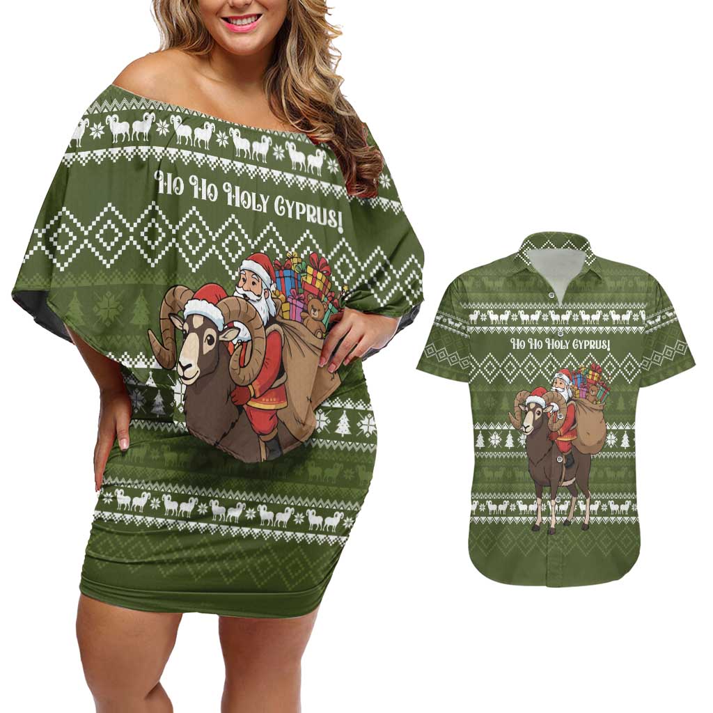 Cyprus Christmas Couples Matching Off Shoulder Short Dress and Hawaiian Shirt with Santa Riding Ram Ho Ho Holy Cyprus Text and Green Holiday - Wonder Print Shop