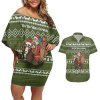 Cyprus Christmas Couples Matching Off Shoulder Short Dress and Hawaiian Shirt with Santa Riding Ram Ho Ho Holy Cyprus Text and Green Holiday - Wonder Print Shop