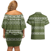 Cyprus Christmas Couples Matching Off Shoulder Short Dress and Hawaiian Shirt with Santa Riding Ram Ho Ho Holy Cyprus Text and Green Holiday - Wonder Print Shop