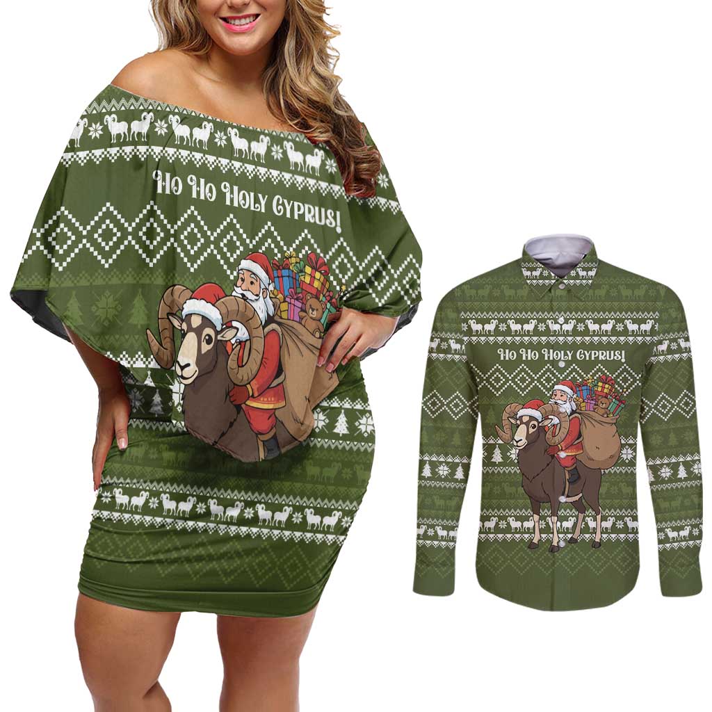 Cyprus Christmas Couples Matching Off Shoulder Short Dress and Long Sleeve Button Shirt with Santa Riding Ram Ho Ho Holy Cyprus Text and Green Holiday - Wonder Print Shop