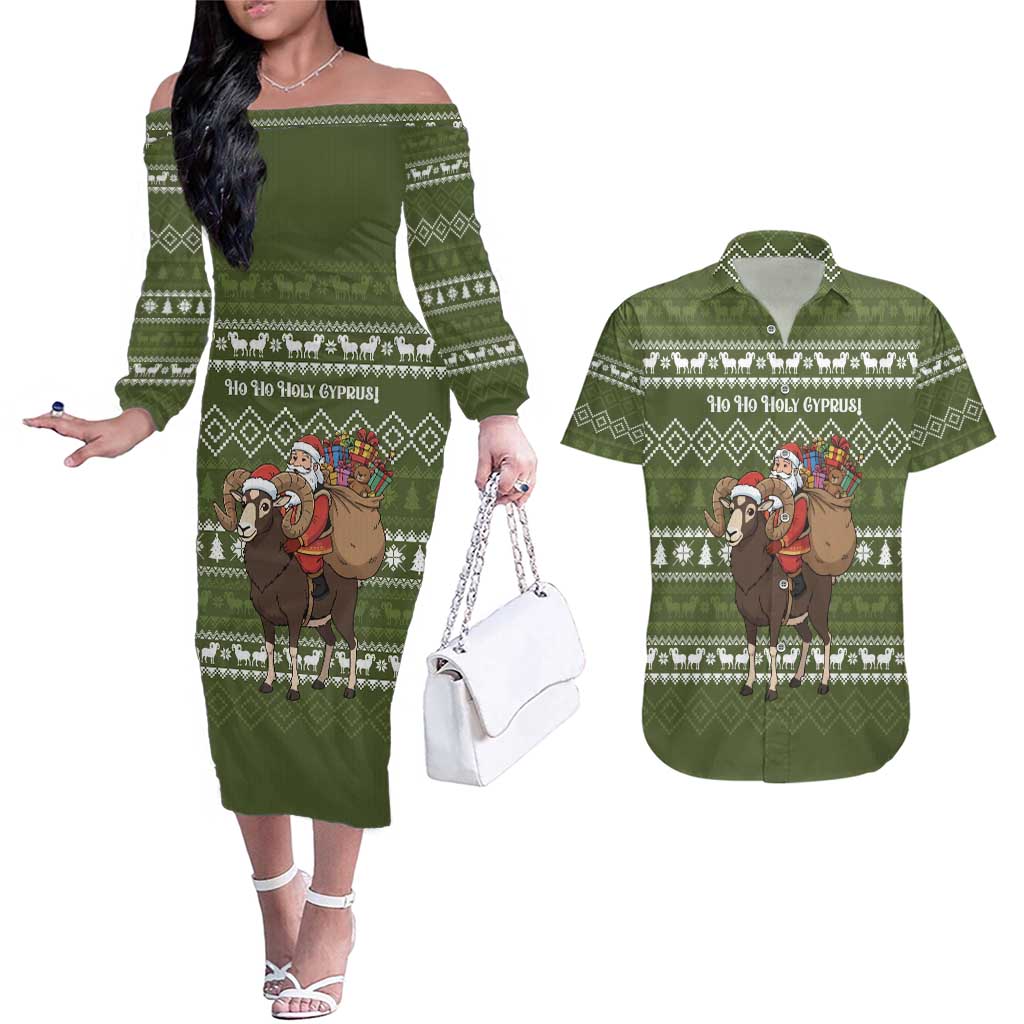 Cyprus Christmas Couples Matching Off The Shoulder Long Sleeve Dress and Hawaiian Shirt with Santa Riding Ram Ho Ho Holy Cyprus Text and Green Holiday - Wonder Print Shop