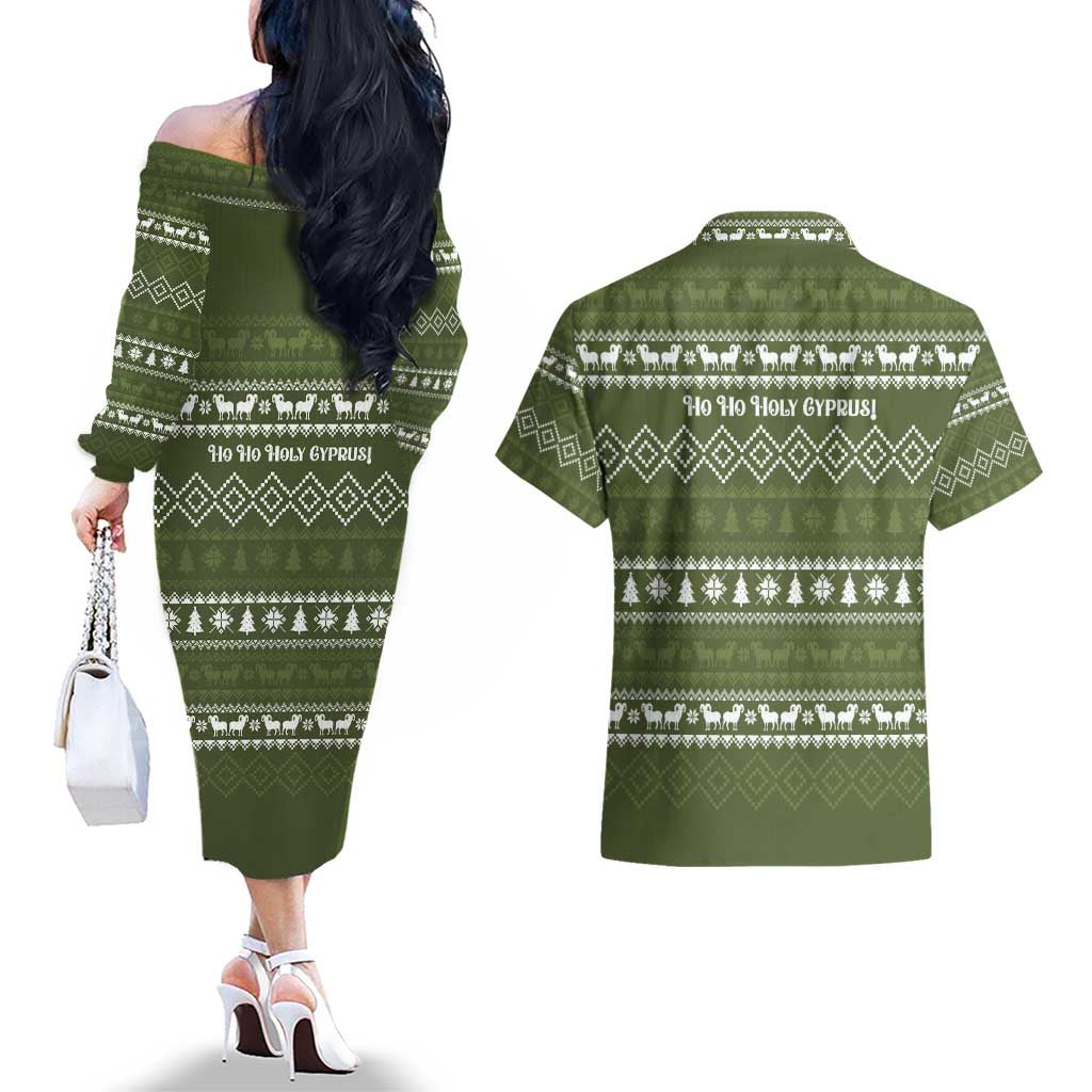 Cyprus Christmas Couples Matching Off The Shoulder Long Sleeve Dress and Hawaiian Shirt with Santa Riding Ram Ho Ho Holy Cyprus Text and Green Holiday - Wonder Print Shop