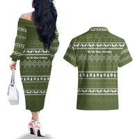 Cyprus Christmas Couples Matching Off The Shoulder Long Sleeve Dress and Hawaiian Shirt with Santa Riding Ram Ho Ho Holy Cyprus Text and Green Holiday - Wonder Print Shop