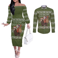 Cyprus Christmas Couples Matching Off The Shoulder Long Sleeve Dress and Long Sleeve Button Shirt with Santa Riding Ram Ho Ho Holy Cyprus Text and Green Holiday - Wonder Print Shop