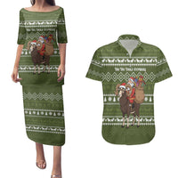 Cyprus Christmas Couples Matching Puletasi and Hawaiian Shirt with Santa Riding Ram Ho Ho Holy Cyprus Text and Green Holiday - Wonder Print Shop