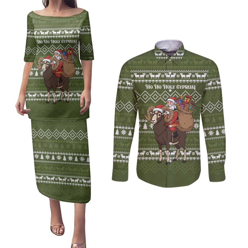 Cyprus Christmas Couples Matching Puletasi and Long Sleeve Button Shirt with Santa Riding Ram Ho Ho Holy Cyprus Text and Green Holiday - Wonder Print Shop