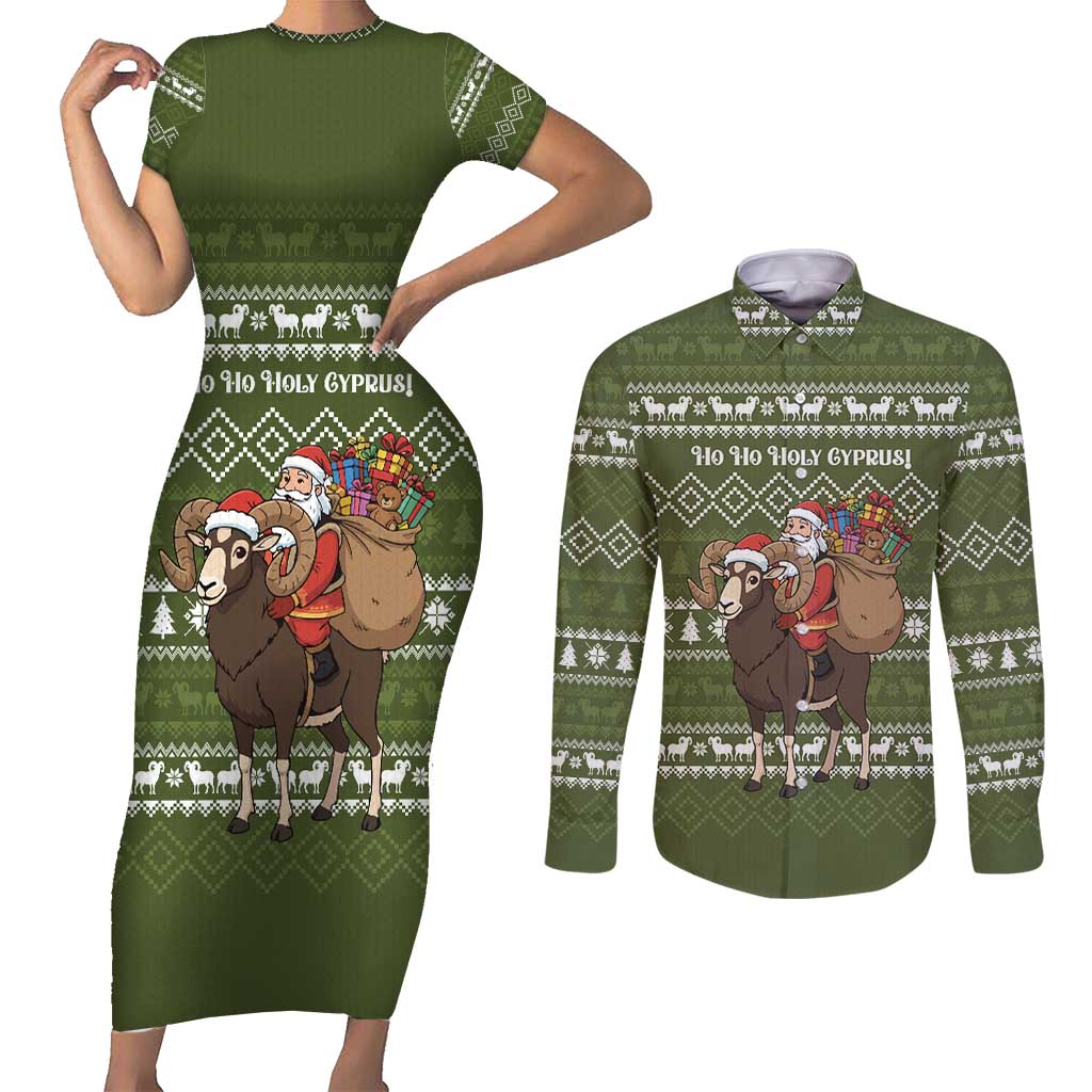 Cyprus Christmas Couples Matching Short Sleeve Bodycon Dress and Long Sleeve Button Shirt with Santa Riding Ram Ho Ho Holy Cyprus Text and Green Holiday - Wonder Print Shop