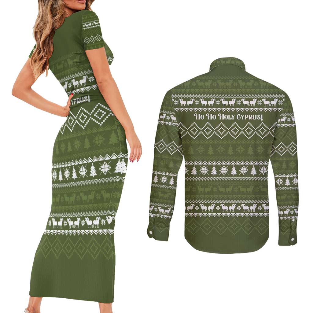 Cyprus Christmas Couples Matching Short Sleeve Bodycon Dress and Long Sleeve Button Shirt with Santa Riding Ram Ho Ho Holy Cyprus Text and Green Holiday - Wonder Print Shop