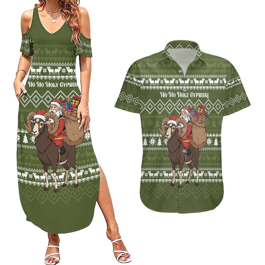 Cyprus Christmas Couples Matching Summer Maxi Dress and Hawaiian Shirt with Santa Riding Ram Ho Ho Holy Cyprus Text and Green Holiday - Wonder Print Shop