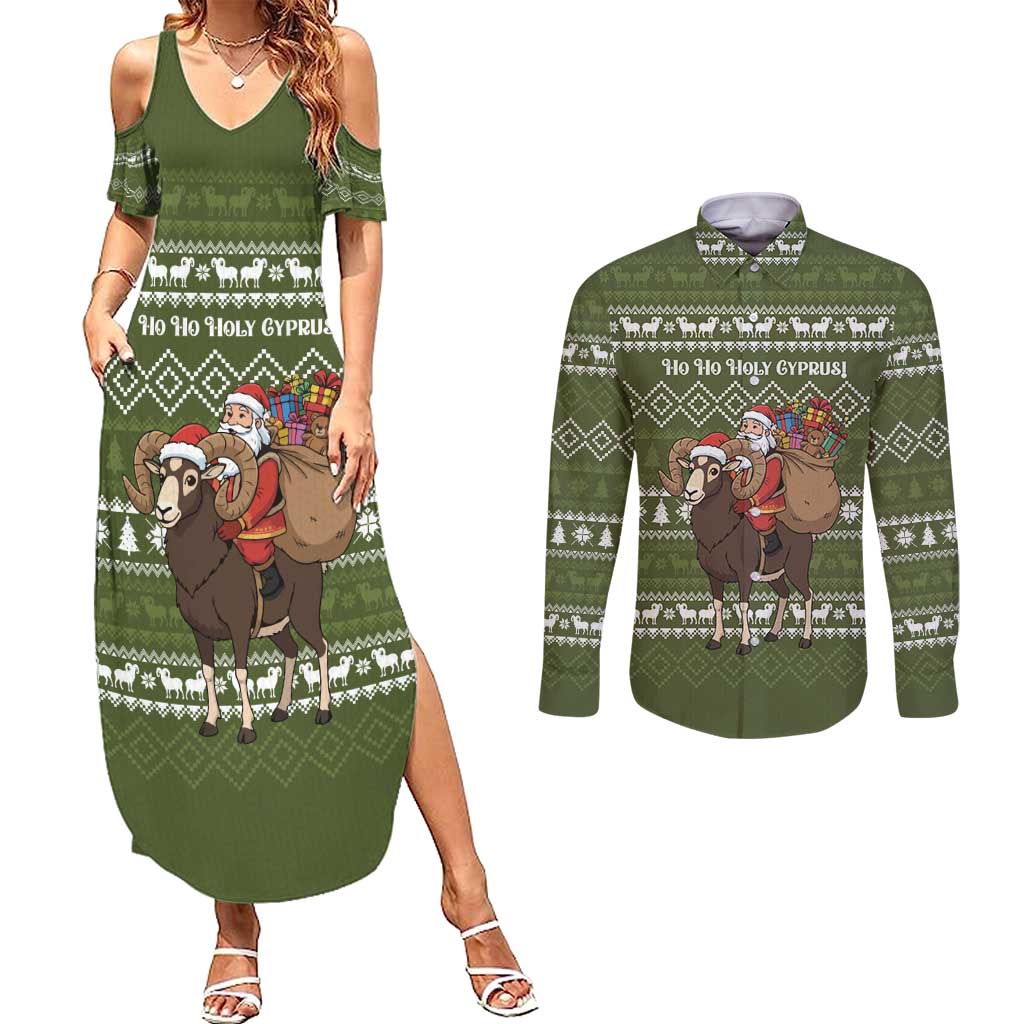 Cyprus Christmas Couples Matching Summer Maxi Dress and Long Sleeve Button Shirt with Santa Riding Ram Ho Ho Holy Cyprus Text and Green Holiday - Wonder Print Shop