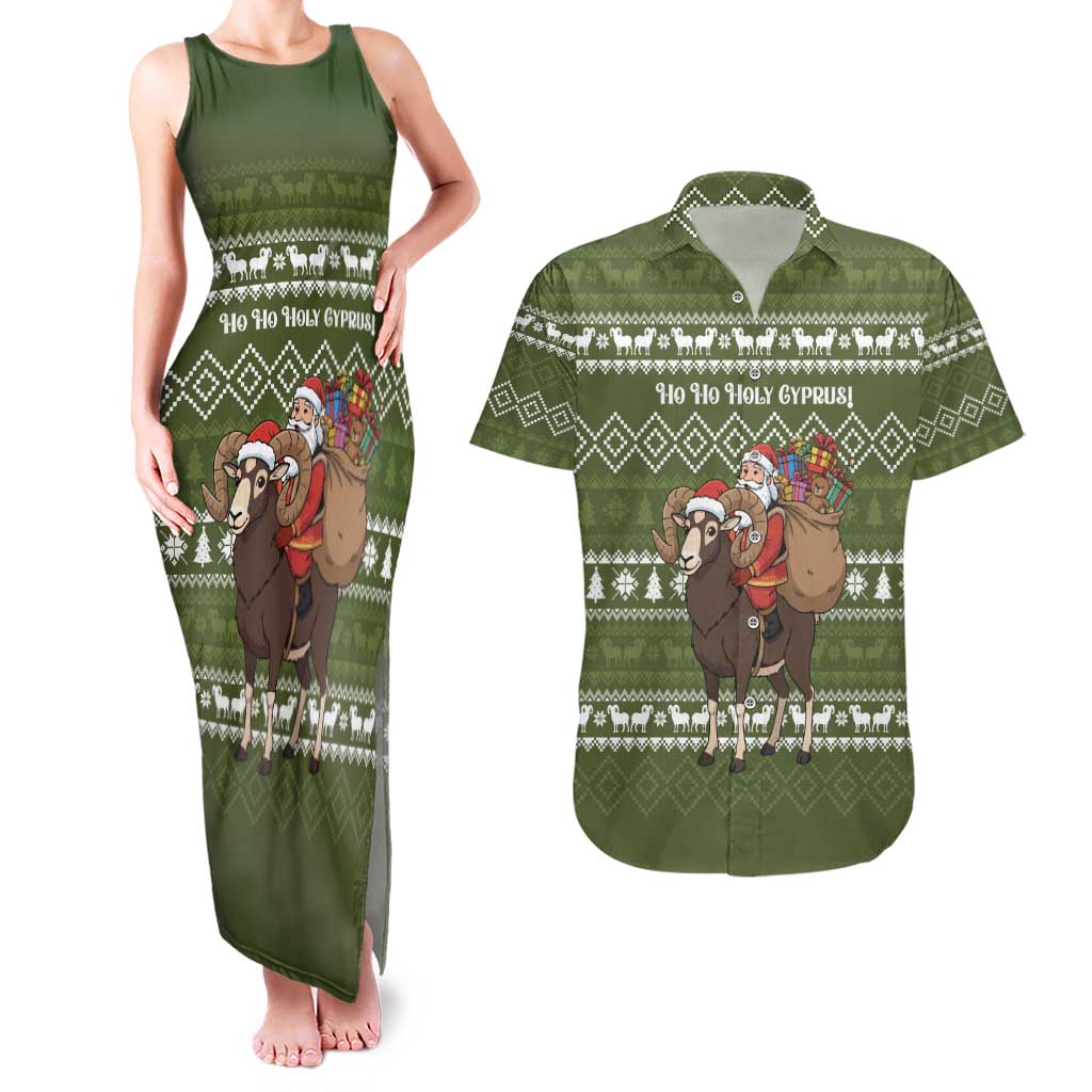 Cyprus Christmas Couples Matching Tank Maxi Dress and Hawaiian Shirt with Santa Riding Ram Ho Ho Holy Cyprus Text and Green Holiday - Wonder Print Shop