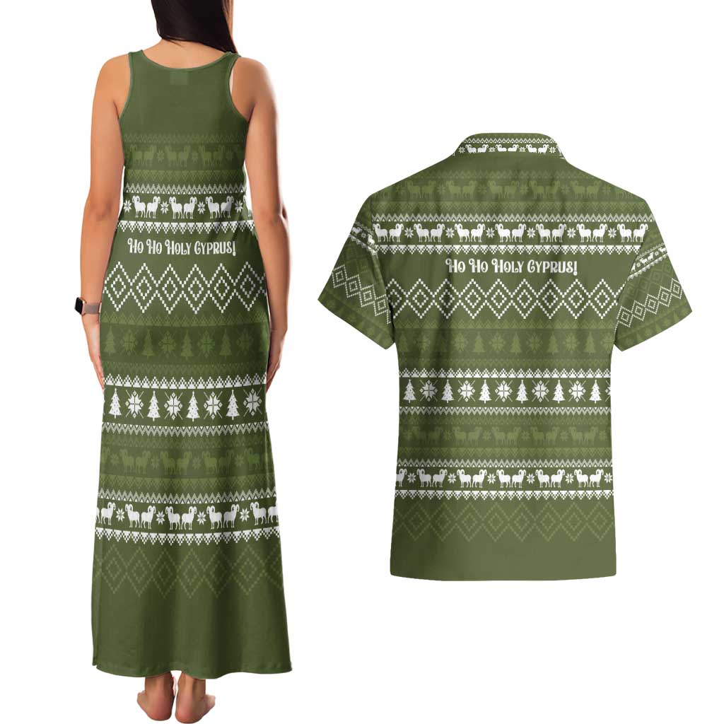 Cyprus Christmas Couples Matching Tank Maxi Dress and Hawaiian Shirt with Santa Riding Ram Ho Ho Holy Cyprus Text and Green Holiday - Wonder Print Shop