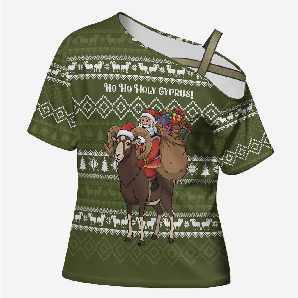 Cyprus Christmas Cross Shoulder Shirt with Santa Riding Ram Ho Ho Holy Cyprus Text and Green Holiday - Wonder Print Shop