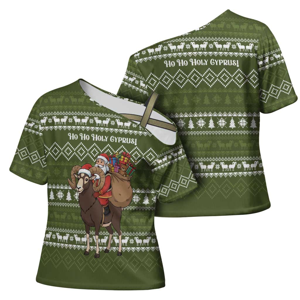 Cyprus Christmas Cross Shoulder Shirt with Santa Riding Ram Ho Ho Holy Cyprus Text and Green Holiday - Wonder Print Shop