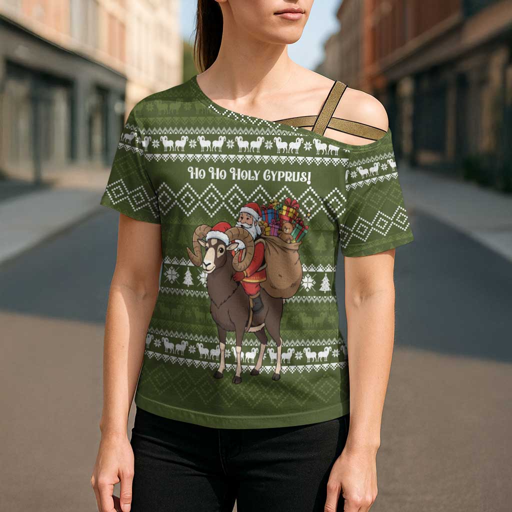 Cyprus Christmas Cross Shoulder Shirt with Santa Riding Ram Ho Ho Holy Cyprus Text and Green Holiday - Wonder Print Shop